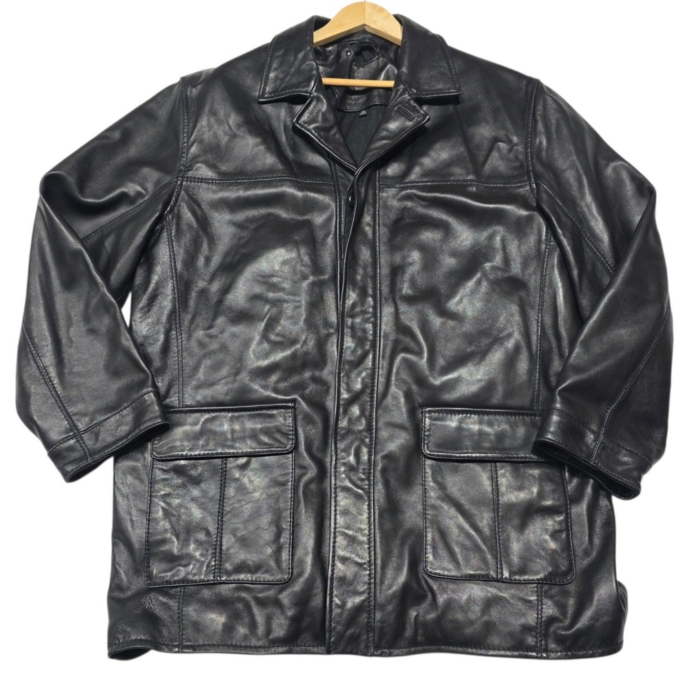 Wilsons Leather Jacket Mens XL Black Genuine Leather Car Coat Button Up Classic